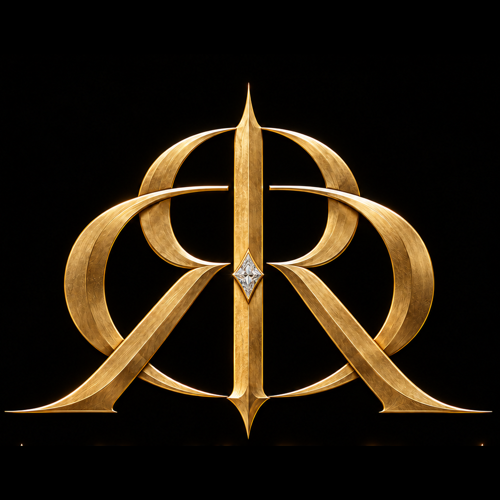 Arkera Collection mirrored gold monogram with central diamond on black